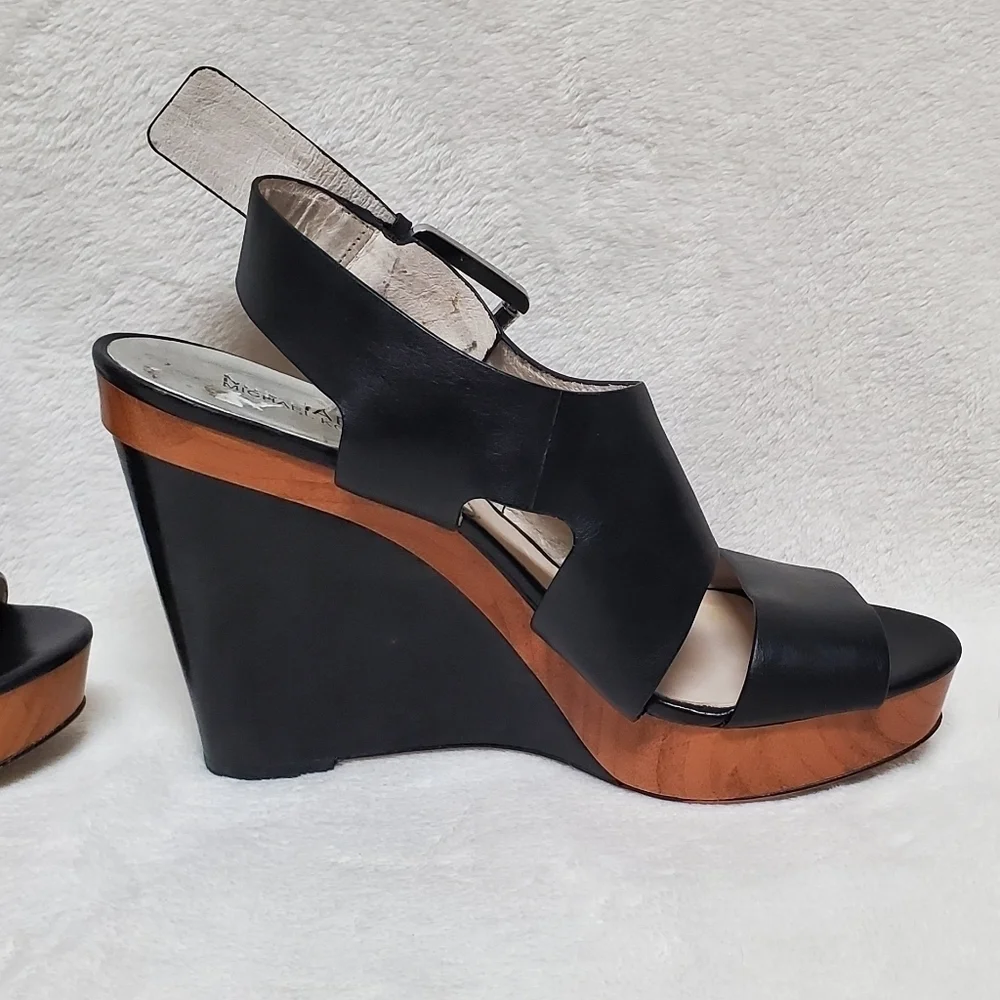 MICHAEL Kors Carla Black Leather Faux Wood Platform Wedge Strappy Sandal 9.5